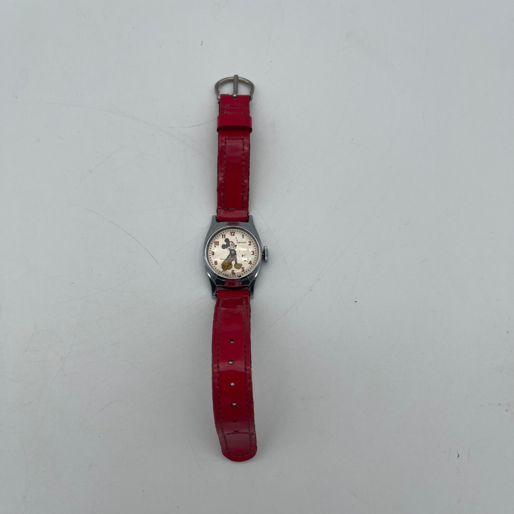 Vintage Ingersoll Mickey Mouse Watch US Time Red Strap Manual Wind AS IS Repair